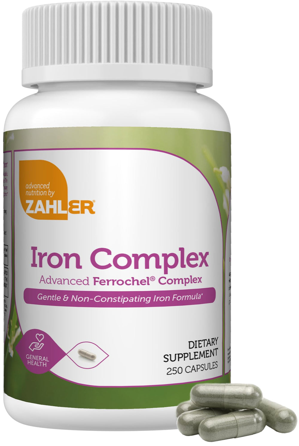 Zahler Iron Complex bottle front displays packaging for daily supplementation.
