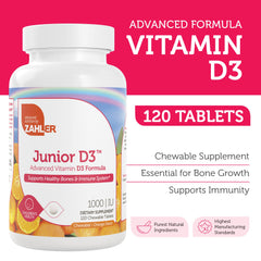 Zahler Junior D3 chewables bottle closeup highlights 1000 IU vitamin D3
