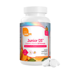 Zahler Junior D3 chewables orange package front promotes kid-friendly bone support