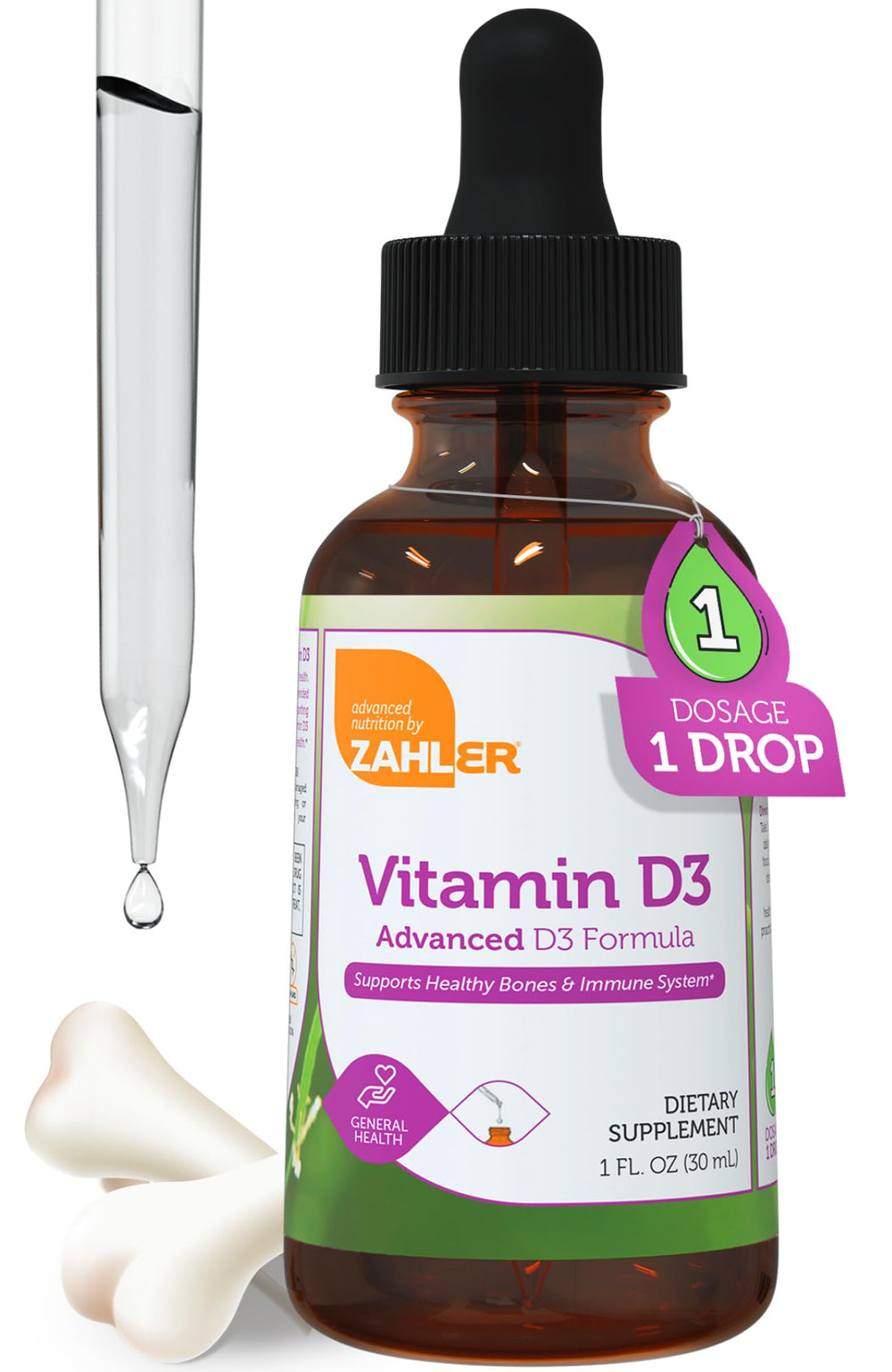 Zahler Vitamin D3 liquid drops with dropper supporting daily bone and immune health