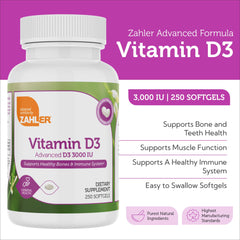 Zahler Vitamin D3 3000IU label shows dosage guidance for daily wellness.