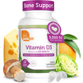 Zahler Vitamin D3 3000IU bottle with softgels supports daily immune health.