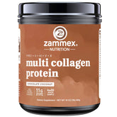 Zammex Multi Collagen powder with scoop, chocolate flavor, ready to mix for skin and hair support.