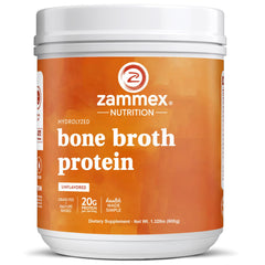 Zammex bone broth protein powder jar for convenient protein boost in soups and coffee.