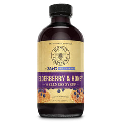 ZAND Honey Gardens Elderberry Syrup bottle with elderberries and honey for daily wellness