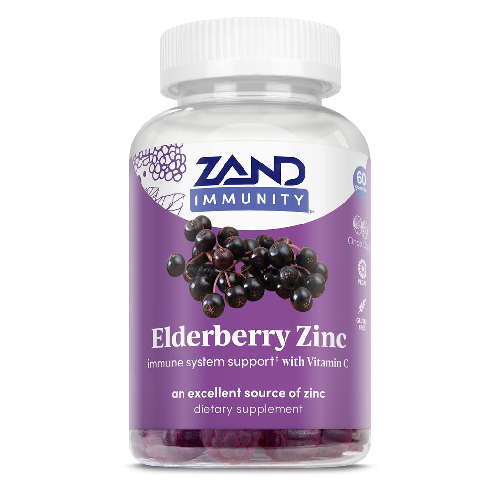 ZAND Immunity elderberry zinc gummies jar showcases year-round immune support.