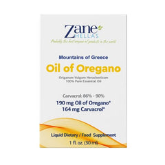 Close-up of Zane Hellas oregano oil showing carvacrol content 164 mg per serving