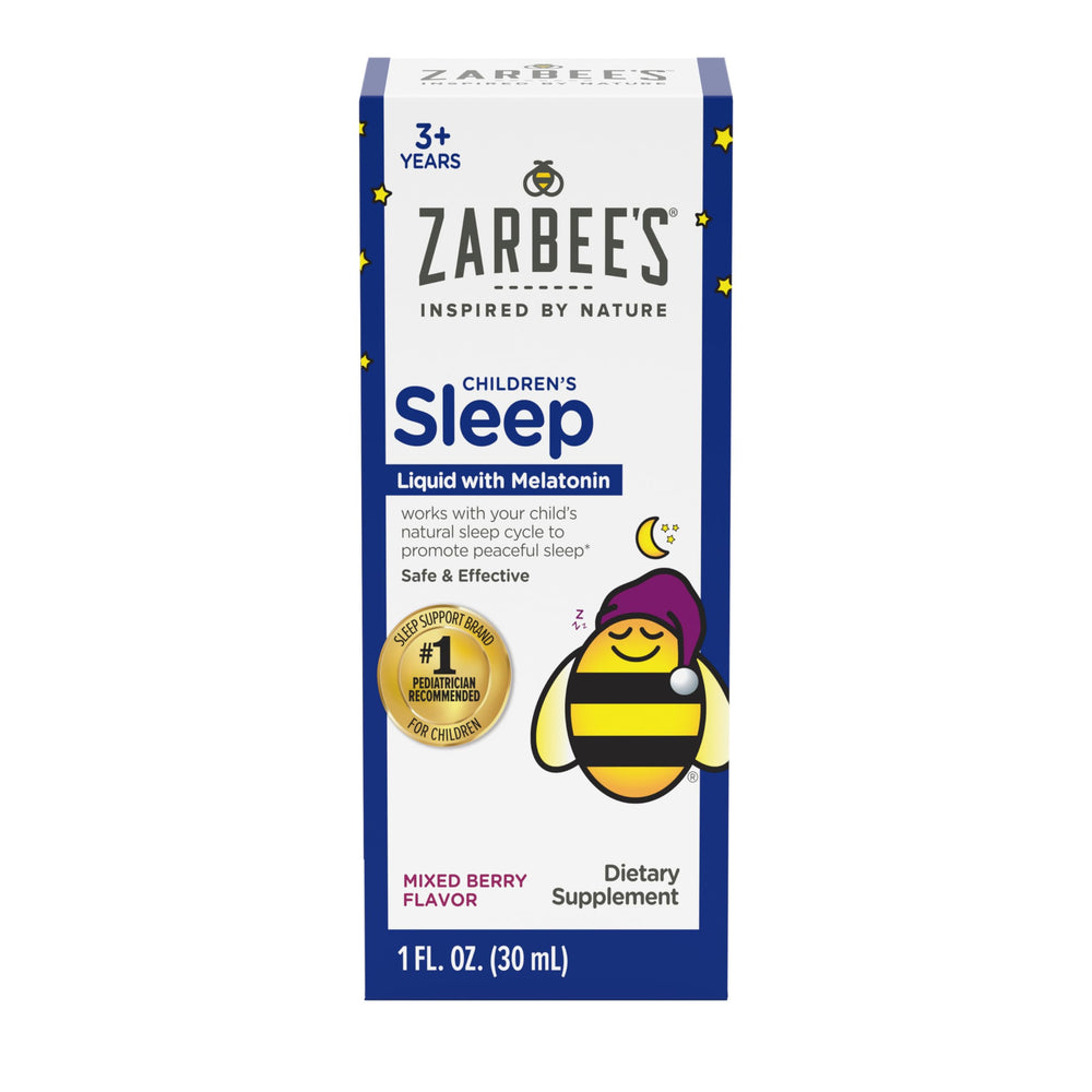 Zarbee's Kids Melatonin Liquid bottle front; kid-friendly sleep support option.