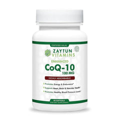 Zaytun Halal CoQ10 bottle pour demonstrates easy daily dosing for energy.