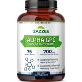 Zazzee Alpha GPC bottle front view highlighting 700 mg per serving for cognitive support