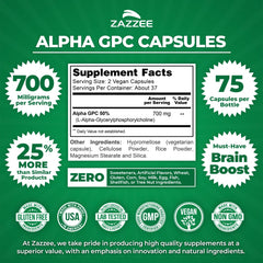 Zazzee Alpha GPC capsules close-up showing vegan capsules and clean label