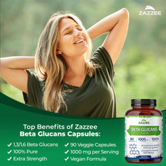 Zazzee Beta Glucans capsules pack showing a convenient 90-count bottle for daily use.