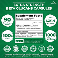 Zazzee Beta Glucans ingredients label highlighting 100% glucans content and blends.