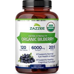 Zazzee bilberry extract bottle front highlights organic, potent 20:1 formula for daily use.