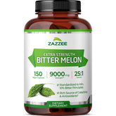 Zazzee Bitter Melon Extract bottle showing 9000 mg strength per capsule.