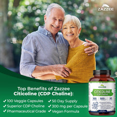 Zazzee Citicoline 500 mg bottle back explains 100 vegan capsules and 50-day supply