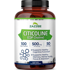 Zazzee Citicoline 500 mg bottle front highlights dosage for focused routines