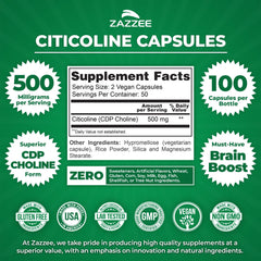 Zazzee Citicoline capsules closeup showing plant-based shells
