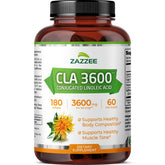 Zazzee CLA 3600mg bottle label shows premium, high-potency CLA for daily support.