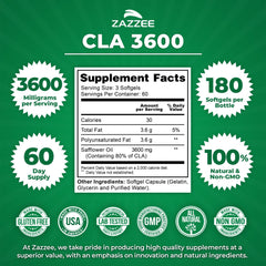 Zazzee CLA serving size 3600mg emphasizes potent daily dosage option.