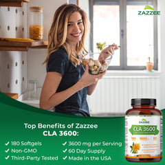 Zazzee CLA softgels in bottle highlight easy-to-swallow daily supplementation.