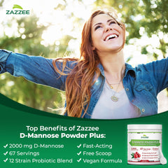 Zazzee D-Mannose Powder Plus probiotic blend label highlights 5 billion CFU probiotics.