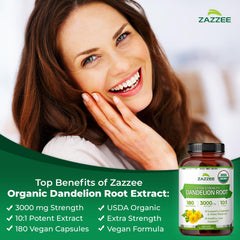 Zazzee Dandelion Root Extract capsules shown 180-count.