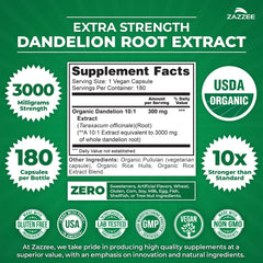 Zazzee Dandelion Root Extract label close-up shows USDA Organic certification.