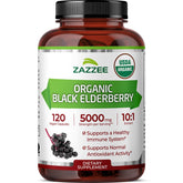 Zazzee elderberry 10:1 extract bottle, premium organic formula on display