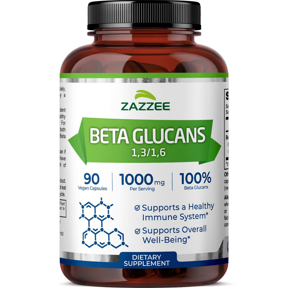 Zazzee Extra Strength Beta Glucans bottle with 90 vegan capsules for daily immune support.