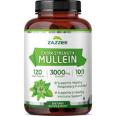 Zazzee extra strength mullein extract bottle close-up showing potent 10x formulation