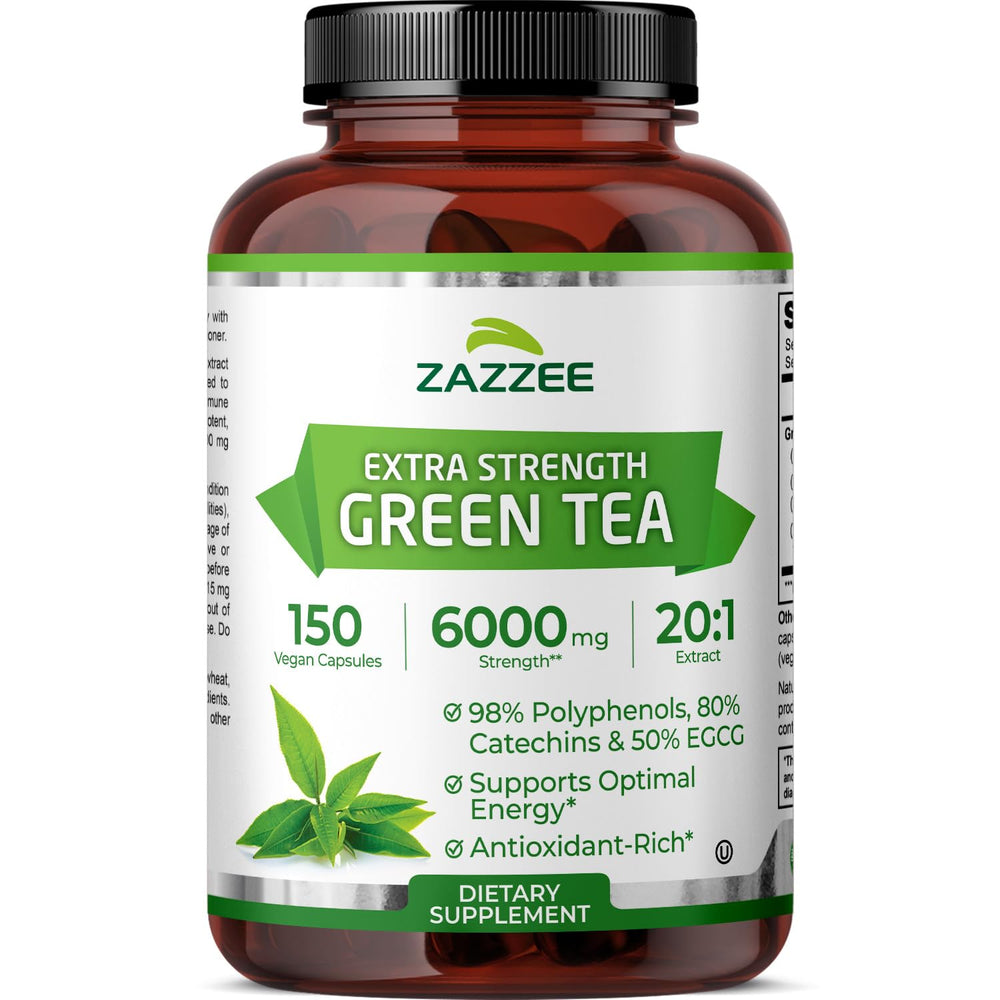 Zazzee Green Tea Extract bottle front highlights high strength for daily use