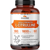 Zazzee high-strength L-Citrulline bottle showing 1800 mg per serving for daily vitality