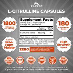 Zazzee L-Citrulline capsules close-up with 1800 mg per serving and vegetarian capsules