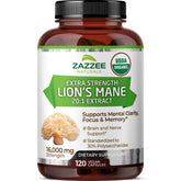 Zazzee Lion's Mane 16,000 mg extract bottle highlighting potency for focus