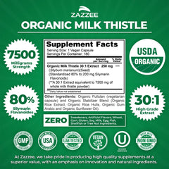 Zazzee milk thistle bottle label shows 80 percent silymarin