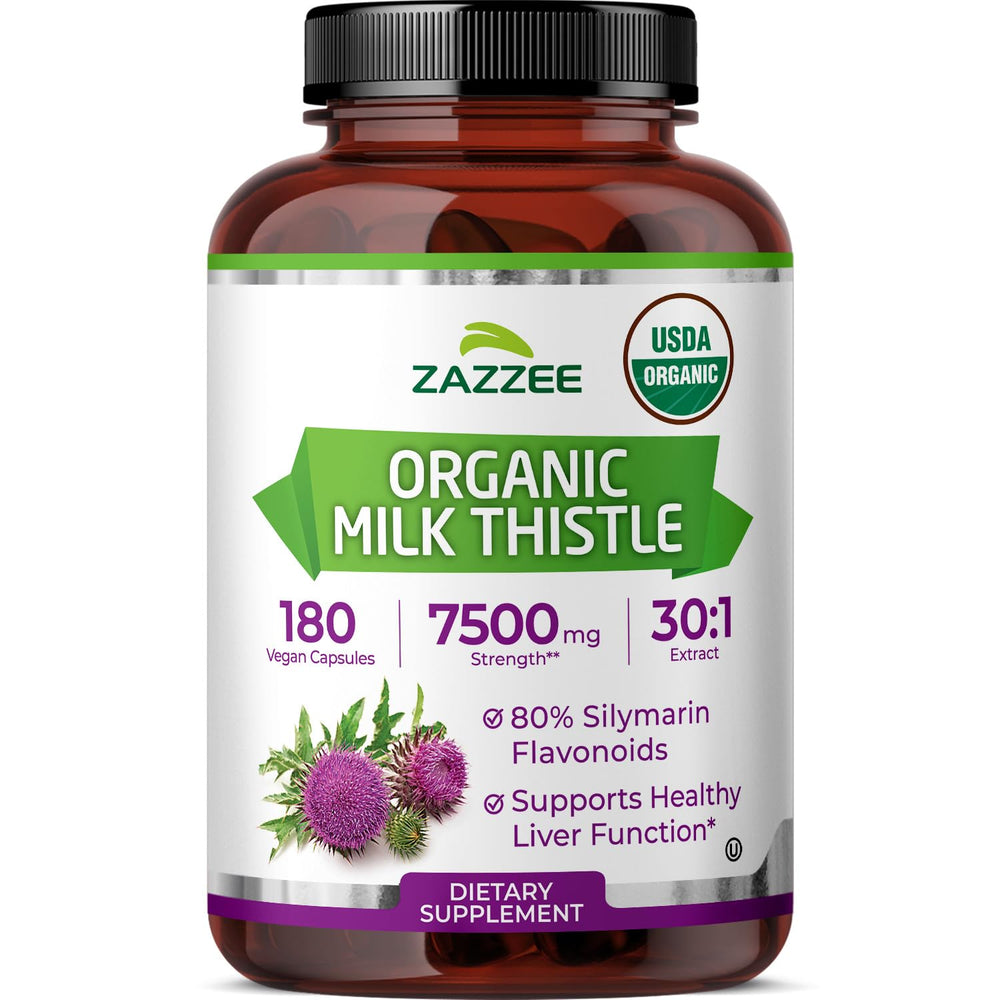 Zazzee milk thistle bottle front view for organic vegan caps