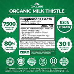 Zazzee Milk Thistle seal denotes organic certification and vegan formula