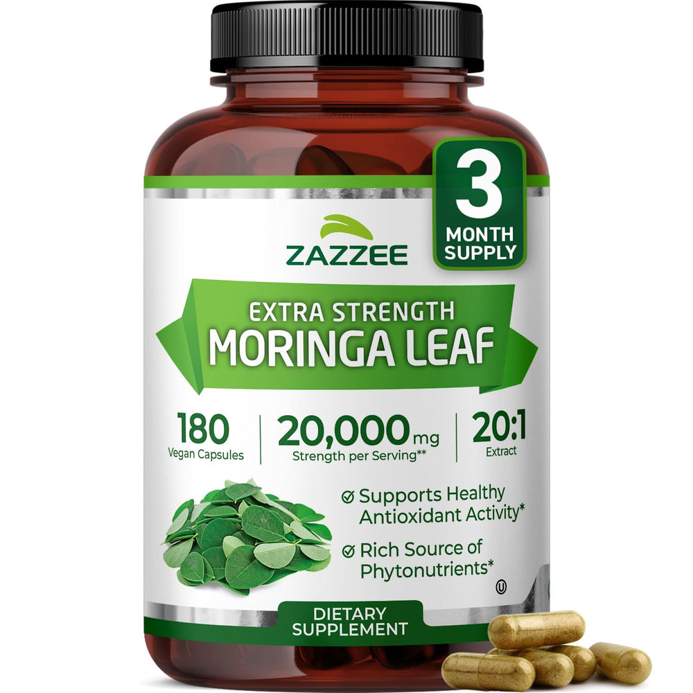 Zazzee Moringa 20x extract bottle showcases potent daily supplement