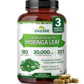 Zazzee Moringa 20x extract bottle showcases potent daily supplement
