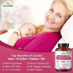 Front label of Zazzee Myo-D-Chiro Inositol highlighting the 40:1 ratio