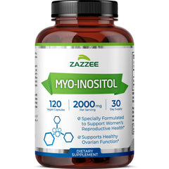 Zazzee Myo-Inositol bottle label highlights 2000 mg per serving for support.