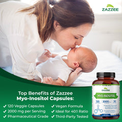 Close-up of Zazzee Myo-Inositol capsules reveals vegan, plant-based capsules.