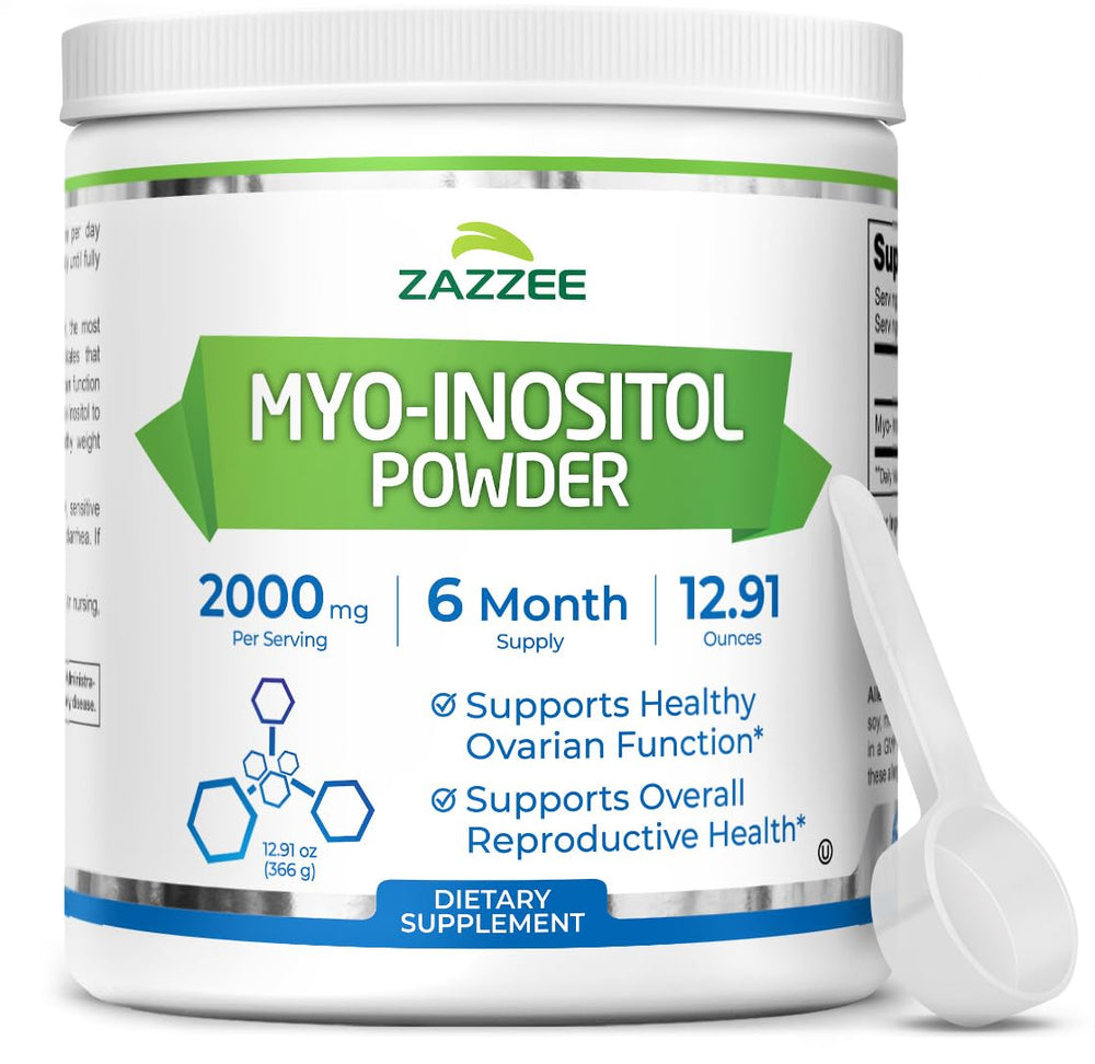 Zazzee Myo-Inositol powder scoop provides precise 2000 mg daily dosage.