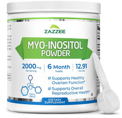 Zazzee Myo-Inositol powder scoop provides precise 2000 mg daily dosage.