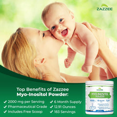 Zazzee Myo-Inositol powder container shows vegan, non-GMO purity.