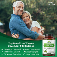 Zazzee Olive Leaf 40% Oleuropein highlights high potency in a concentrated extract.