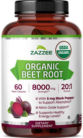 Zazzee Organic Beet Root 8000mg bottle highlighting potency and value