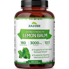 Zazzee Organic Lemon Balm extract bottle front view for calm mood support.