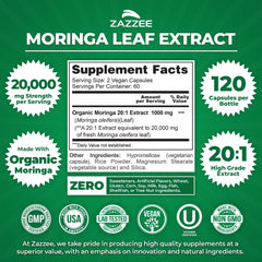 Zazzee Organic Moringa 20:1 extract capsules emphasize strong potency.